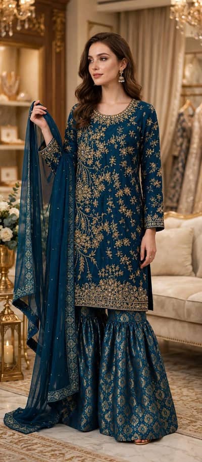 Royal blue full heavy embroidery dress