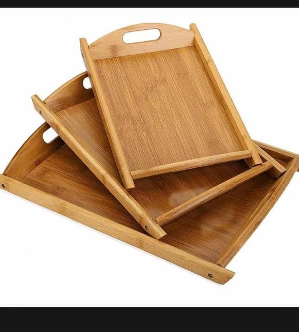 T  Set of 3 Bamboo Wooden Multipurpose Tray with handles for Serving Breakfast, Food, Refreshment (Set of 3 Different Sized Trays)