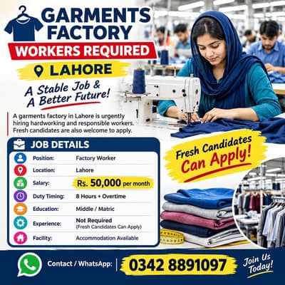 Factory jobs, packing work, male and female jobs, Lahore jobs