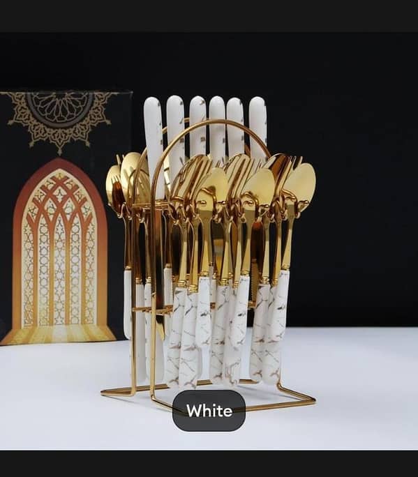 T   White Marblene Pattern Grip 24 Pcs Cutlery Set & Cutlery Holder
