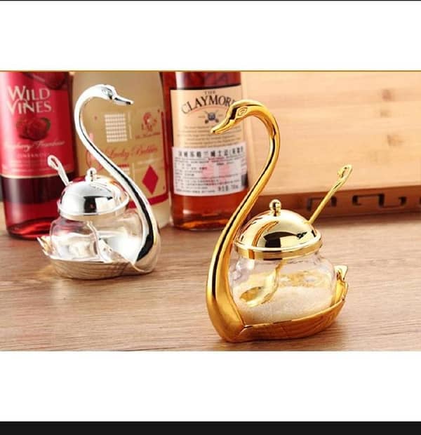 T  1 Pcs Swan Stainless Steel Spice Jars Storage Sugar Bowl With Spoon Dish Kitchen Seasoning Can Home Decoration Salt Container