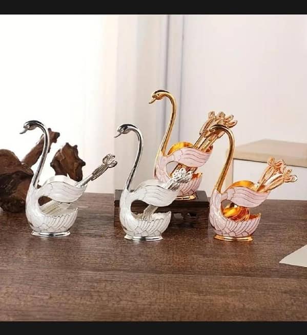 T  Ice Cream Cake Coffee Tea Stirring Spoons Dessert Swan Holder Cutlery Spoons Set Cutlery Kitchen Tableware 1 Set of 7 Pieces