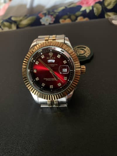 Luxury Gold Silver Watch for Men |Red Dial , Day&Date Stainless steel