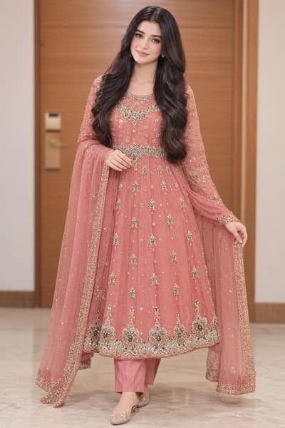 Beautiful Embroidered Party Wear Frock with Dupatta & Shalwar