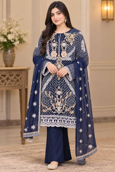 Navy Blue Embroidered Net Dress – Used Once
