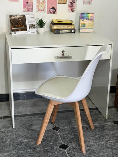 Minimalist Study Desk with White Chair and Wooden Legs 2 month used