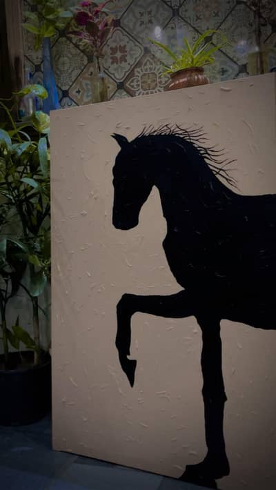 Hand drawn painting. Black horse with beige skin colour.