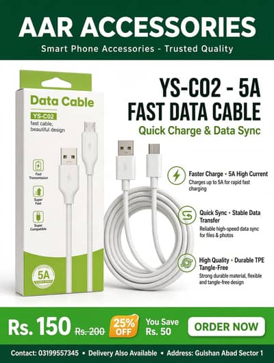 YS-C02 5A Fast Charging Data Cable - Type-C - Original - Rs. 150