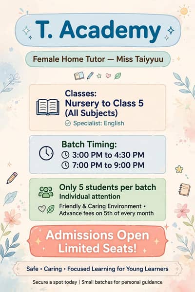 Home Tuition - Nursery to Class 5 - Female Teacher - T. Academy