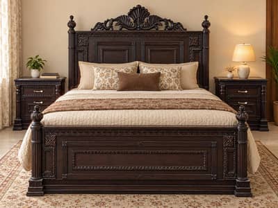 Pure Sheesham Wood Double Bed with 2 Side Tables for Sale