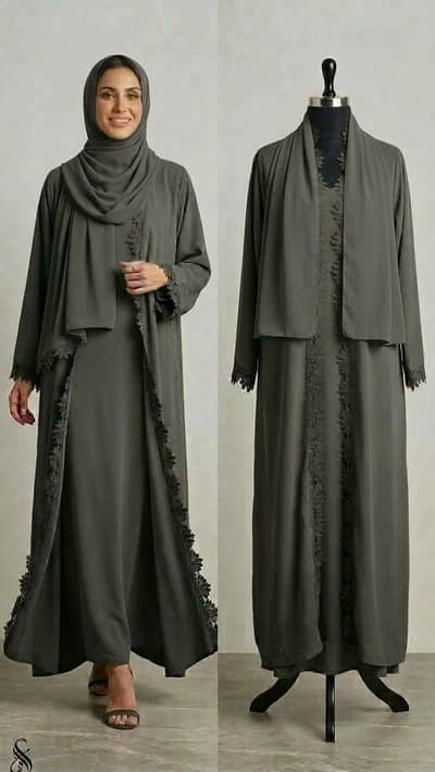 Sage Green open abaya with inner and Hijab as well.