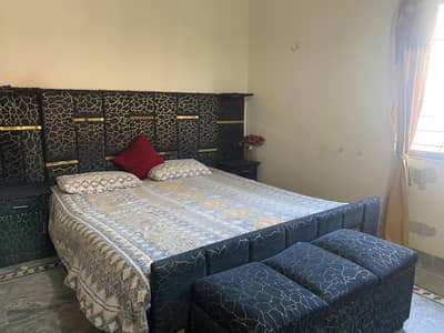 King Size bed With Attached Lighting side Tables and one puffee