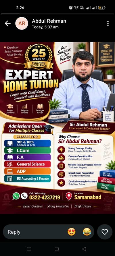 25 years experience home tuition phone number 03224237319