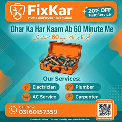 FixKar - Electrician Plumber AC Carpenter 60 Min Me - Islamabad