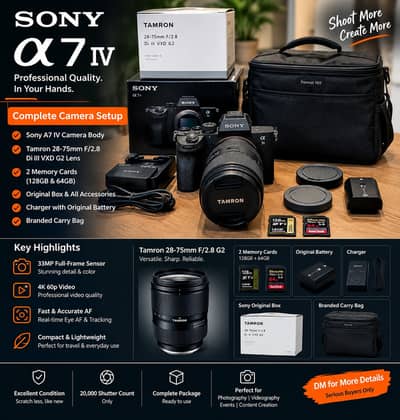 Sony A7 IV Camera + Tamron 28-75mm F/2.8 G2 Lens | 2 Memory Cards |Box