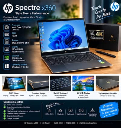 HP Spectre x360 Core i7 7th Gen | 16GB RAM | 512GB NVMe SSD | 4K Touch