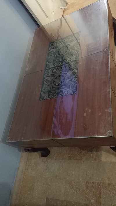 Wooden Center Table / Coffee Table with Glass Top & Carving