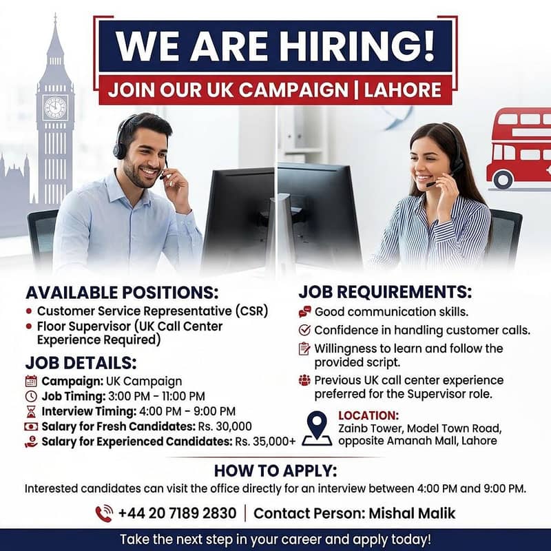 UK Call Center Jobs in Lahore | Fresh & Experienced Candidates  | Job 0