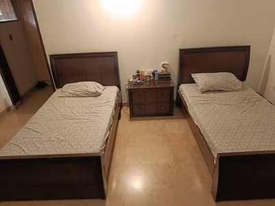 Lasani Wood Pair of Single Beds with Bedside Table for Sale
