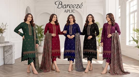 Designer Bareeze Aplic Collection – Premium Embroidered 3-Piece Suits