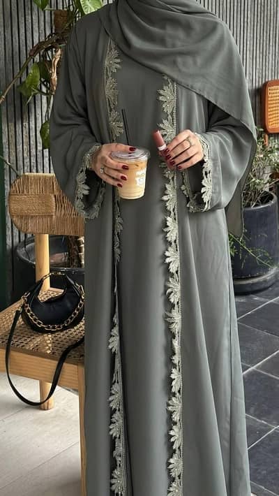 Sage Green open abaya with inner and Hijab as well.