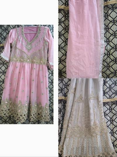 Pink Chiffon Frock with Gharara - 3 Piece Party Wear - Medium
