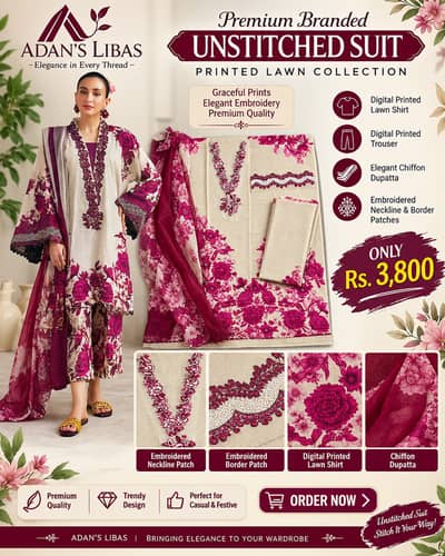 Adan’s Libas Premium Branded Unstitched 3-Piece Printed Lawn Suit