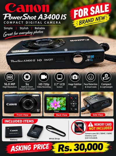 Canon PowerShot A3400 IS | 16MP | 5X Optical Zoom | Complete Set