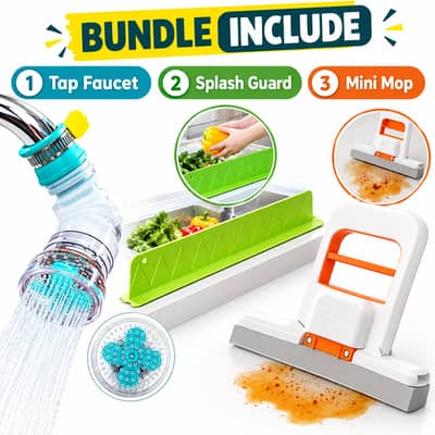 Bundle Of 3 - Faucet + Splash Guard + Mini Mop | Kitchen Pack Of 3