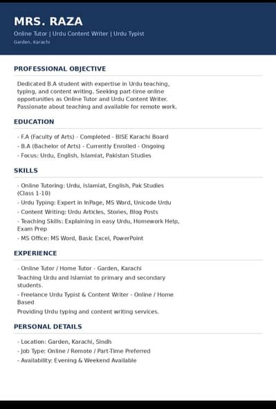 Home & Online Tutor in Karachi