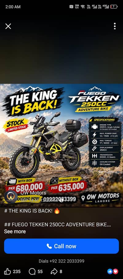 Brand New FUEGO Tekken 250 with luggage frame and without Boxes.