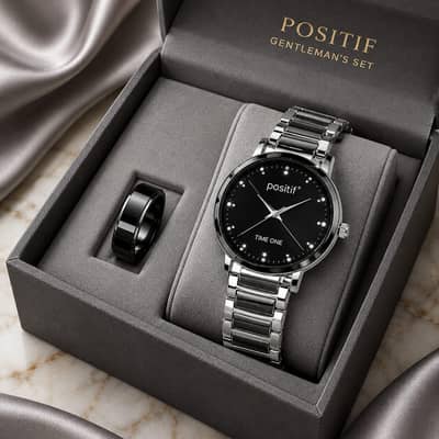 Positive men's luxury watch with free black ring