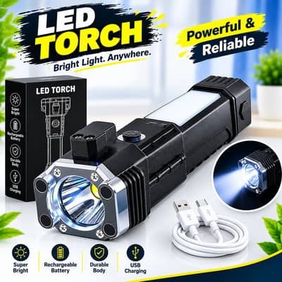 Rechargeable LED Torch Black ABS Aluminum Head - Super Bright 4 in 1 T