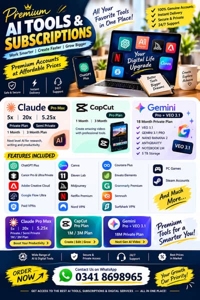ChatGPT Plus, Claude Pro Max, Gemini Pro, CapCut Pro, Canva & More
