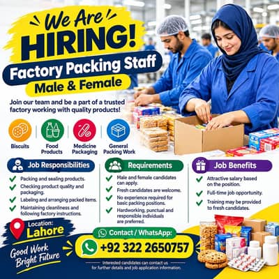 factory jobs,male  jobs,  Biscuit, Toffee, Chocolate work, Lahore jobs
