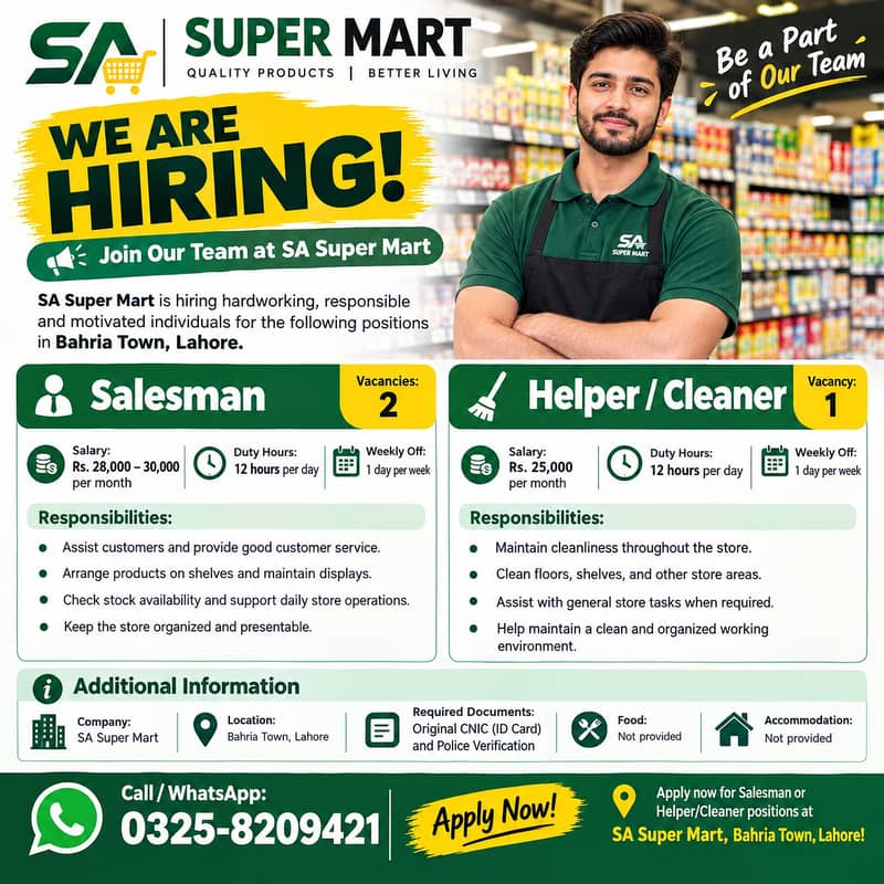 Salesman & Helper/Cleaner Jobs in Lahore | SA Super Mart Bahria Town 0