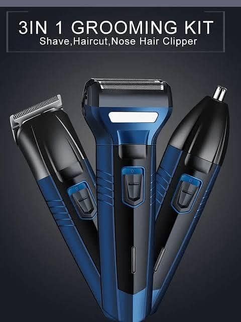Original Kemei KM-5558 3-in-1 Rechargeable Grooming Kit for Men - Electric Shaver, Hair Clipper & Nose Trimmer - Professional Cordless Beard Styler & Grooming Machine (Blue)