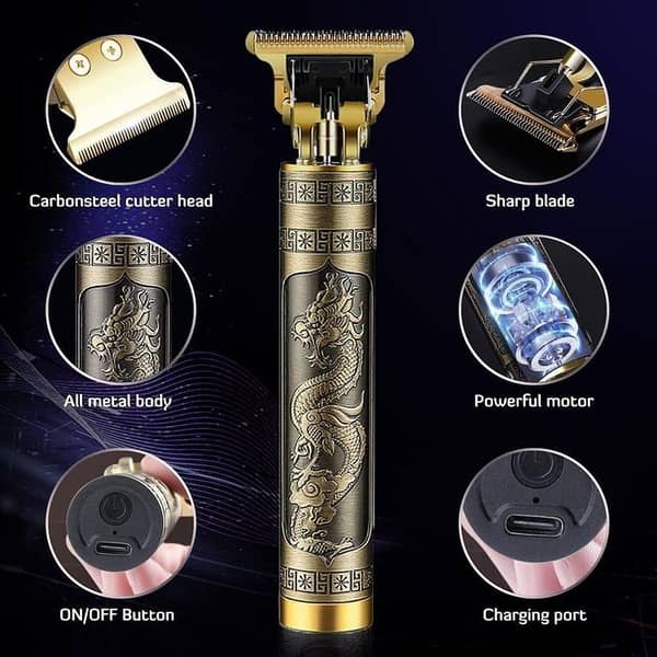 Professional Vintage T9 Hair Trimmer – Engraved Dragon Metal Body – Zero-Gapped T-Blade Cordless Grooming Kit for Men (Gold/Bronze Edition)