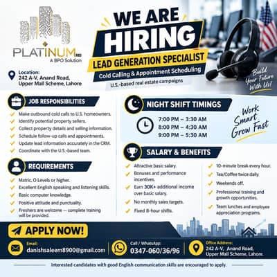 Male Staff Required | Lead Generation Jobs Lahore | Night Shift Call