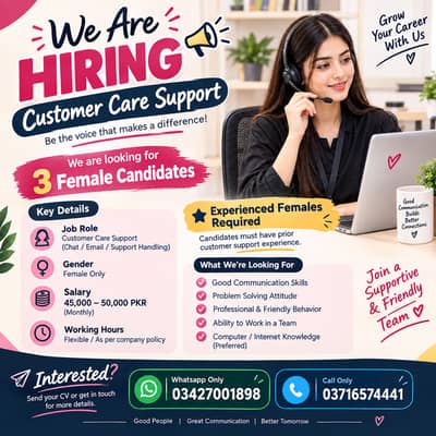 Female Customer Care Support Staff Required – Salary 50K