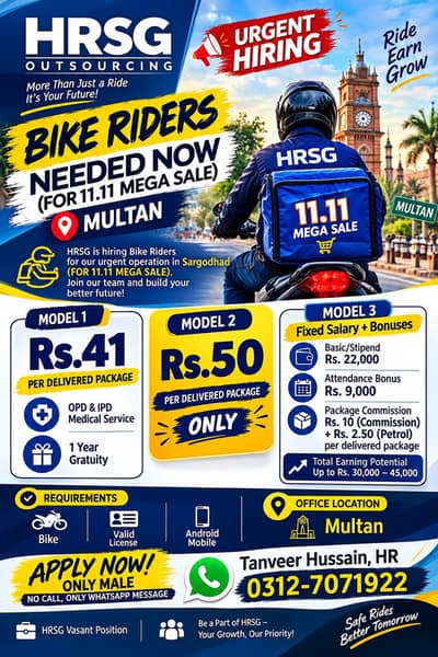 Urgent Hiring – Bike Riders Required in Multan | HRSG Outsourcing