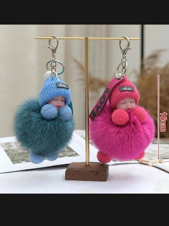 T  Pompom Sleeping Baby Keychain Cute Fluffy Plush Doll Keyholder Women Girl Bags Keyrings Cars Key Ring Gift Charming Decoration