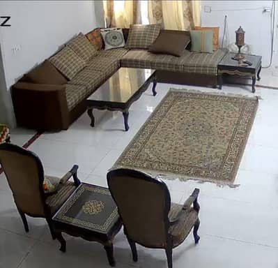 L shape 7 seater sofa set with center table and 2 side tables