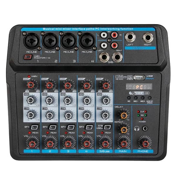 6 Channel Bluetooth Audio Sound Mixer Console Amplifier with Built-in 48V Phantom Power