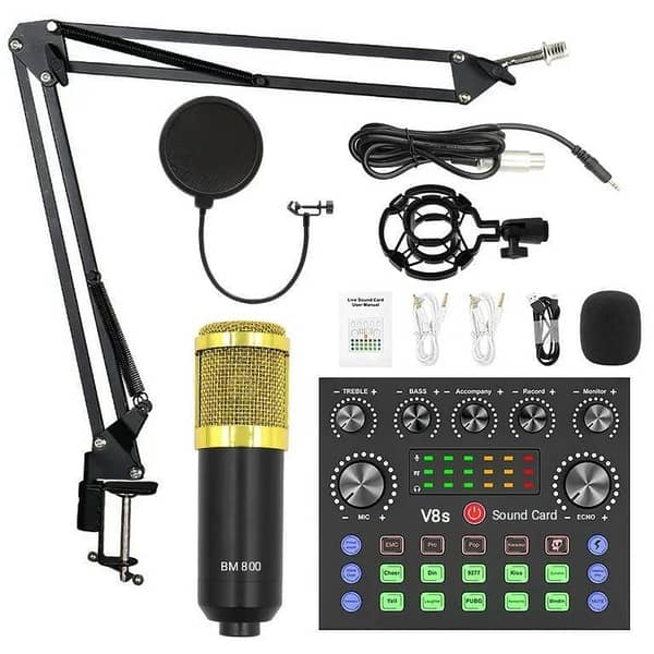 BM 800 Condenser Microphone Set With V8s Sound Card, Pop Filter and Arm Stand For Gaming Live Stream PodCast