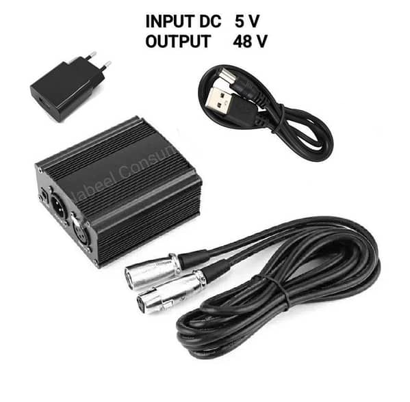 Phantom Power Supply with Adapter (48V) – Black, includes One XLR Audio Cable