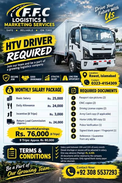 Required HTV Driver FFC logistics and Marketing services Islamabad