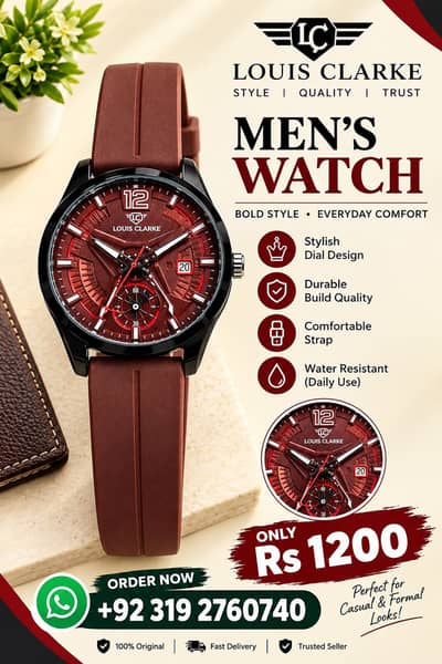 Louis Clarke Men’s Stylish Watch – Maroon Dial & Brown Strap