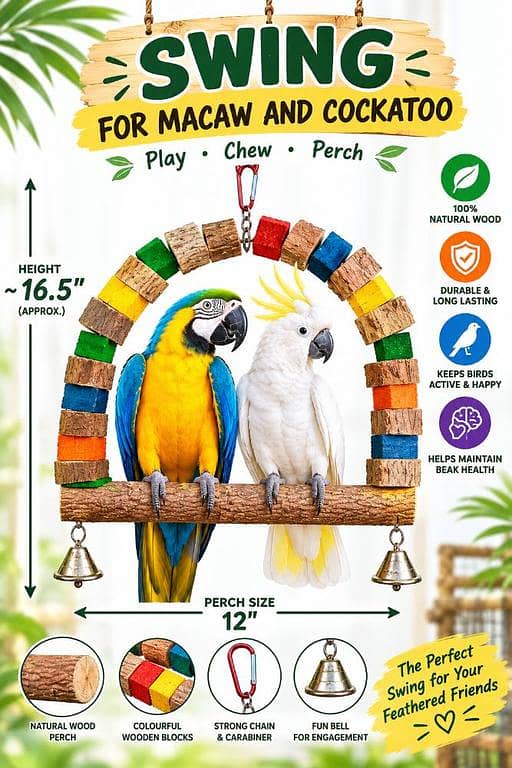 Large Bird Swing Wood Bird Parrot Perch Natural Wood Bird Swing for Birds for Medium and Large Size Grey Parrots, Cockatoo, Mcaw, Eclectus and Other Parrots