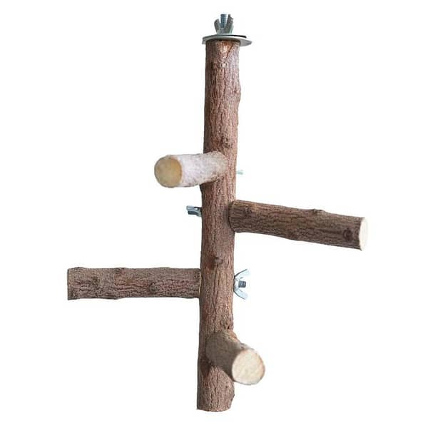 Bird Parrot Toy Natural Wood Perches Stand, Birds Cage Top Play and Hanging Stands Ladder, Large Perch with 4 Branches, Climbing Toy for all sizes Parrots, Cage Decoration